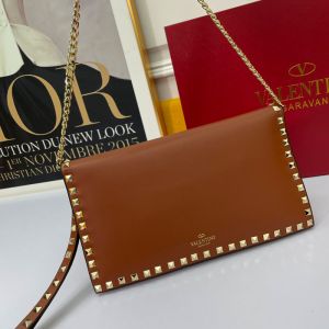 Valentino Large Rockstud Wristlet Clutch with Chain In Calfskin Brown