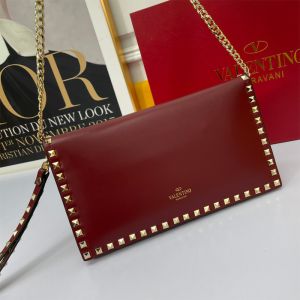 Valentino Large Rockstud Wristlet Clutch with Chain In Calfskin Burgundy