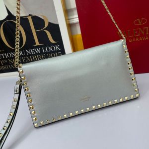 Valentino Large Rockstud Wristlet Clutch with Chain In Calfskin Silver