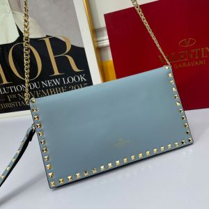 Valentino Large Rockstud Wristlet Clutch with Chain In Calfskin Sky Blue