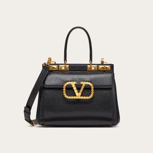 Valentino Medium Rockstud Handbag In Grainy Calfskin Black