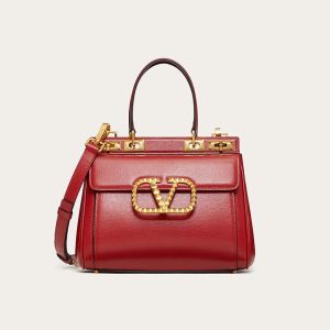 Valentino Medium Rockstud Handbag In Grainy Calfskin Red