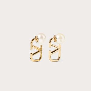 Valentino Mini VLogo Signature Earrings In Metal with Pearls Gold