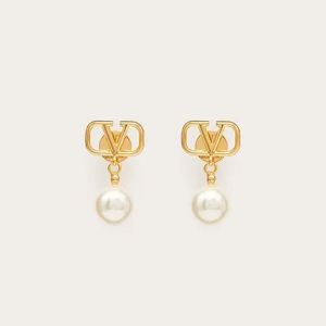 Valentino Mini VLogo Signature Pendant Earrings In Metal With Pearls Gold