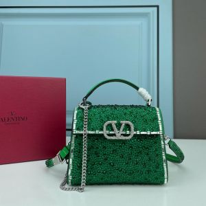 Valentino Mini Vsling Handbag with Sparkling Crystals and Jewel Embroidery In Calfskin Green