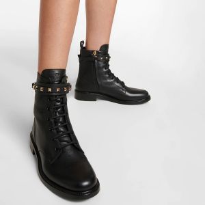 Valentino Rockstud Combat Boots with Straps Women Calfskin Black