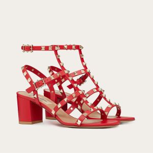 Valentino Rockstud Sandals with Ankle Strap Women Calfskin Red