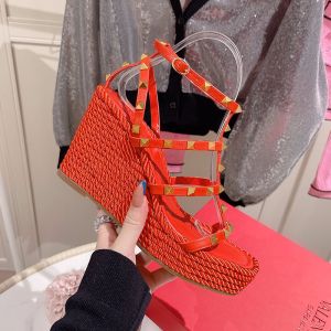 Valentino Rockstud Wedges with Ankle Strap Women Calfskin Red