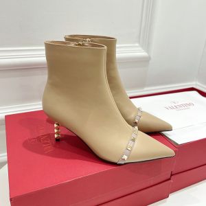 Valentino Roman Stud Ankle Booties with Sculpted Heel Women Calfskin Apricot