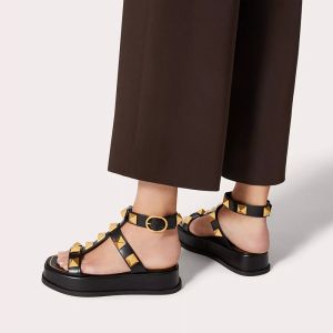 Valentino Roman Stud Platform Sandals with Ankle Strap Women Calfskin Black