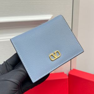 Valentino Small Compact VLogo Signature Wallet In Grainy Calfskin Sky Blue