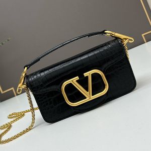 Valentino Small Loco Shoulder Bag In Crocodile Embossed Leather Black