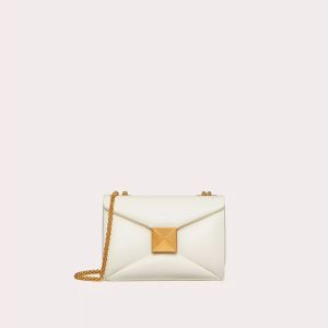 Valentino Small One Stud Shoulder Bag with Chain In Grainy Calfskin White