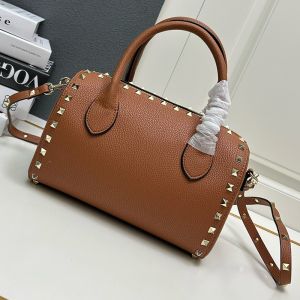 Valentino Small Rockstud Boston Bag In Grained Calfskin Brown