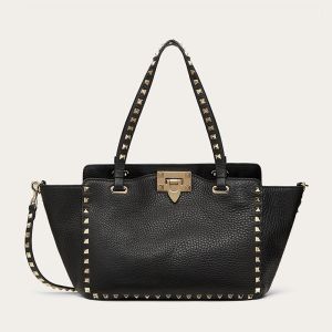 Valentino Small Rockstud Tote In Grainy Calfskin Black/Gold