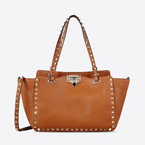 Valentino Small Rockstud Tote In Grainy Calfskin Brown