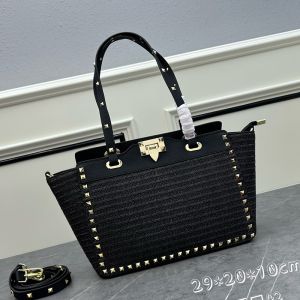 Valentino Small Rockstud Tote In Riffia Black