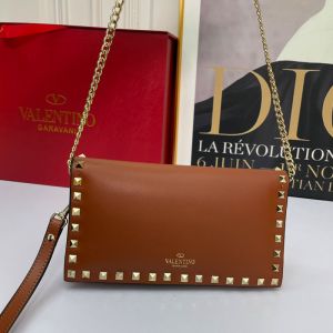 Valentino Small Rockstud Wristlet Clutch with Chain In Calfskin Brown