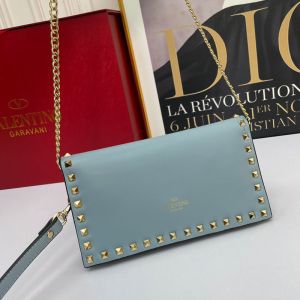 Valentino Small Rockstud Wristlet Clutch with Chain In Calfskin Sky Blue