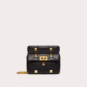 Valentino Small Roman Stud Shoulder Bag In Nappa Leather Black/Gold