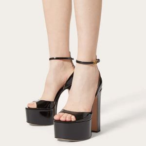 Valentino Tan-Go Platform Sandals with Ankle Strap Women Patent Leather Black