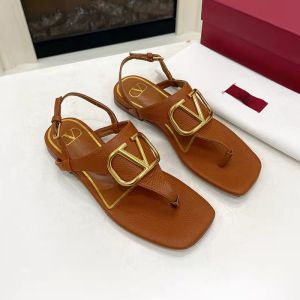 Valentino Vlogo Signature Flat Thong Sandals Women Calfskin Brown