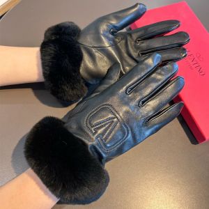 Valentino Vlogo Embossed Gloves Women Sheepskin With Rabbit Fur Black