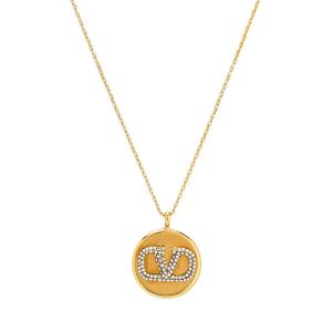 Valentino VLogo Signature Pendant Necklace In Metal with Crystals Gold