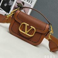 Valentino Alltime Shoulder Bag In Textile And Calfskin Brown