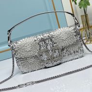 Valentino Large Loco Shoulder Bag with Floral 3D Embroidery and Pearl Crystals In Calfskin Grey