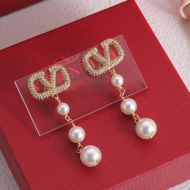 Valentino Large VLogo Signature Pendant Earrings In Metal with Crystals and Multi Pearls Gold