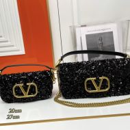 Valentino Loco Shoulder Bag with 3D Embroidery In Calfskin Black