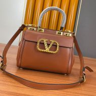 Valentino Medium Rockstud Handbag In Grainy Calfskin Brown