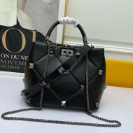 Valentino Meidum Roman Stud Handbag In Nappa Leather Black