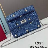 Valentino Medium Roman Stud Shoulder Bag with Chain and Sparkling Crystals In Suede Navy Blue