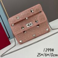 Valentino Medium Roman Stud Shoulder Bag with Chain and Sparkling Crystals In Suede Pink