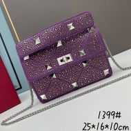 Valentino Medium Roman Stud Shoulder Bag with Chain and Sparkling Crystals In Suede Purple