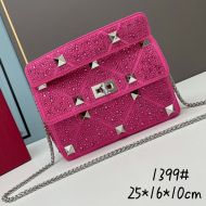 Valentino Medium Roman Stud Shoulder Bag with Chain and Sparkling Crystals In Suede Rose