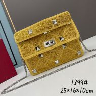 Valentino Medium Roman Stud Shoulder Bag with Chain and Sparkling Crystals In Suede Yellow