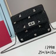 Valentino Medium Roman Stud Shoulder Bag with Chain and Sparkling Studs In Suede Black