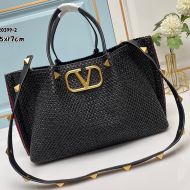 Valentino Medium VLogo Signature Shopping Bag with Roman Studs In Synthetic Riffia Black