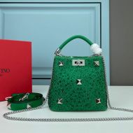 Valentino Mini Roman Stud Handbag with Sparkling Crystals In Nappa Leather Green