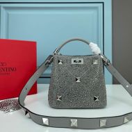 Valentino Mini Roman Stud Handbag with Sparkling Studs In Nappa Leather Grey