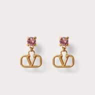 Valentino Mini VLogo Signature Drop Earrings In Metal with Diamonds Gold/Pink