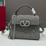 Valentino Mini Vsling Handbag with Sparkling Studs and Crystals In Suede Grey