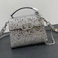 Valentino Mini Vsling Handbag with Sparkling Studs and Crystals In Suede Grey/White