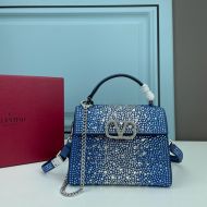 Valentino Mini Vsling Handbag with Sparkling Crystals In Calfskin Blue/White