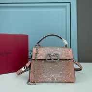 Valentino Mini Vsling Handbag with Sparkling Crystals In Calfskin Cherry/Silver