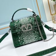 Valentino Mini Vsling Handbag with Sparkling Crystals In Calfskin Green/Silver