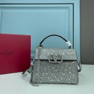 Valentino Mini Vsling Handbag with Sparkling Crystals In Calfskin Grey